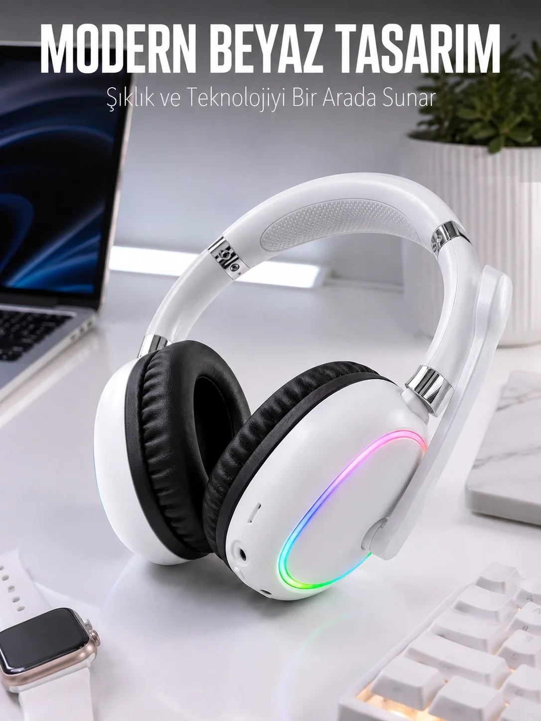 İthalat® Kablosuz Bluetooth Mikrofonlu Beyaz Kulaklık  RGB Işıklı