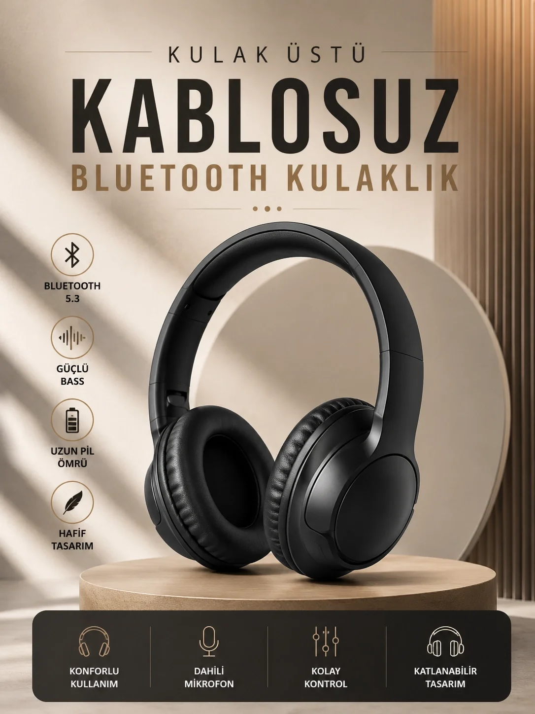 İthalat® Kablosuz Bluetooth Kulaklık Kulak Üstü Mikrofonlu 5.0 Bluetooth ANC Özelliği