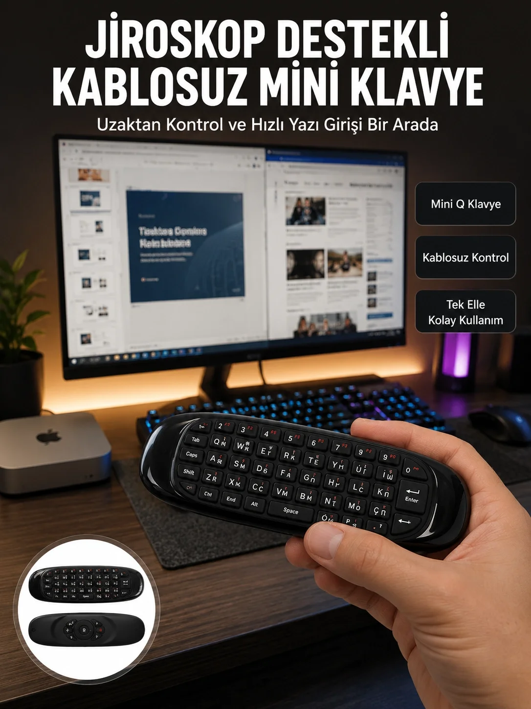 İthalat® Kablosuz Hava Fareli Mini Klavye Jiroskop Destekli Uzaktan Kumanda Yeni Nesil
