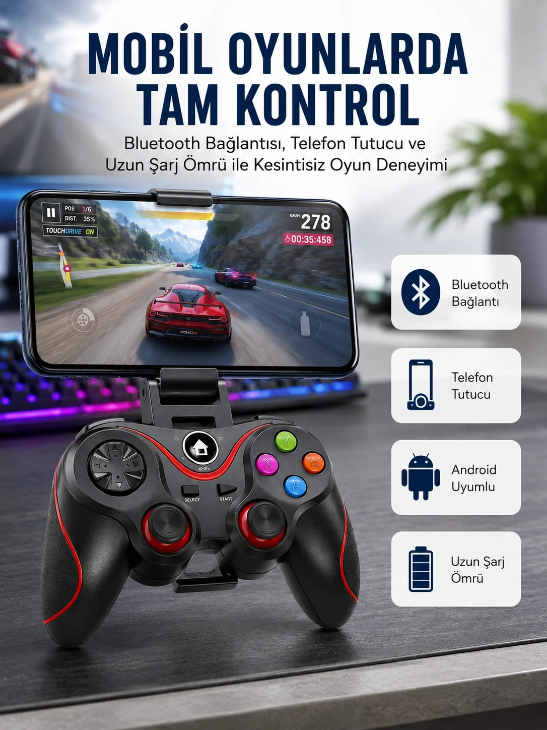İthalat® Kablosuz Oyun Kolu Bluetooth Joystick Gamepad Android Uyumlu
