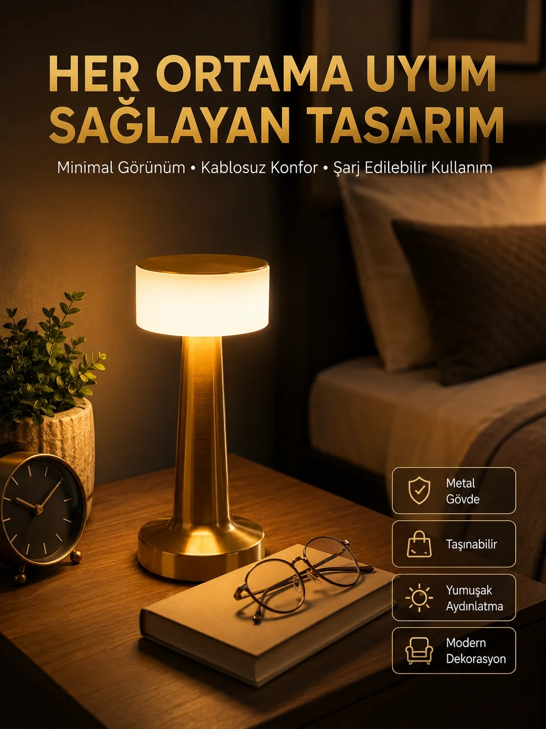 İthalat® Kablosuz Renkli Masa ve Gece Lambası Altın Rengi Dokunmatik Led Lamba