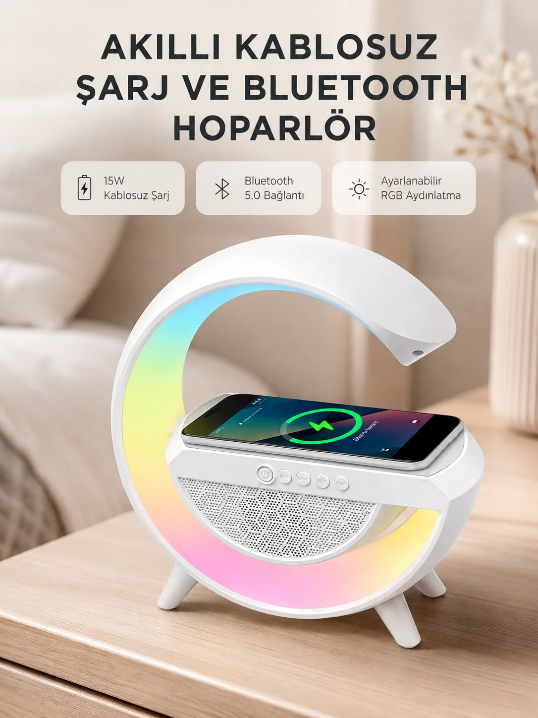 İthalat® Kablosuz Şarjlı Bluetooth Hoparlör ve Gece Lambası – NFC, FM Radyo, RGB Işık