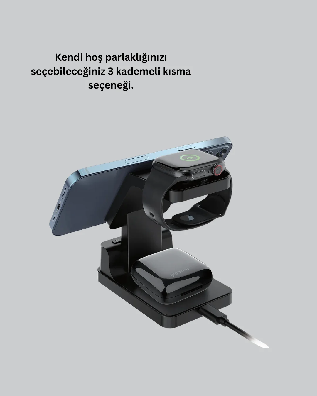 İthalat® Kablosuz Şarj İstasyonu ve Dijital Saat – Apple Uyumlu, 3 Kademeli Işık Ayarı