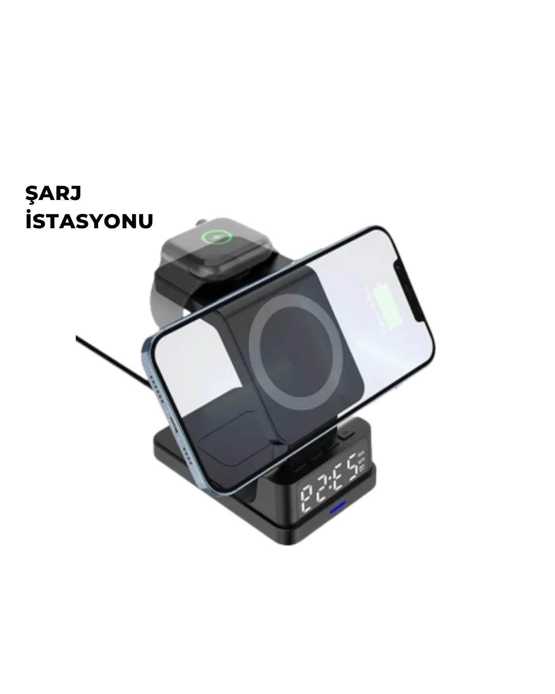 İthalat® Kablosuz Şarj İstasyonu ve Dijital Saat – Apple Uyumlu, 3 Kademeli Işık Ayarı