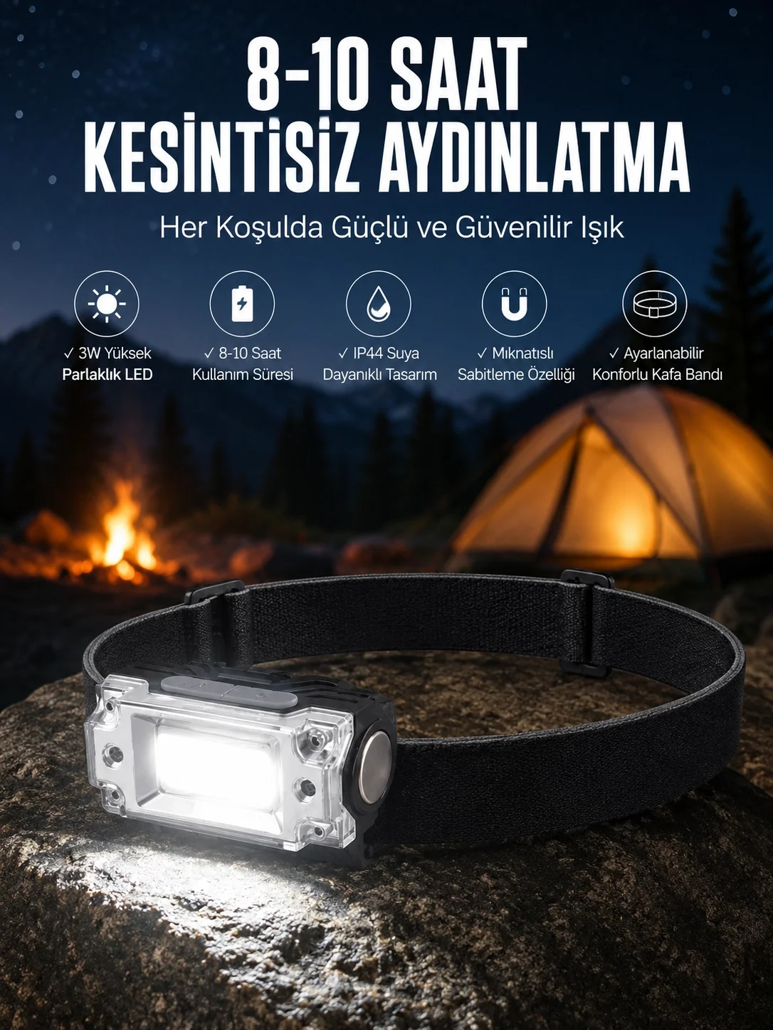 İthalat® Kafa Lambası Kamp Feneri Balıkçı Feneri Başlıklı Suya Dayanıklı