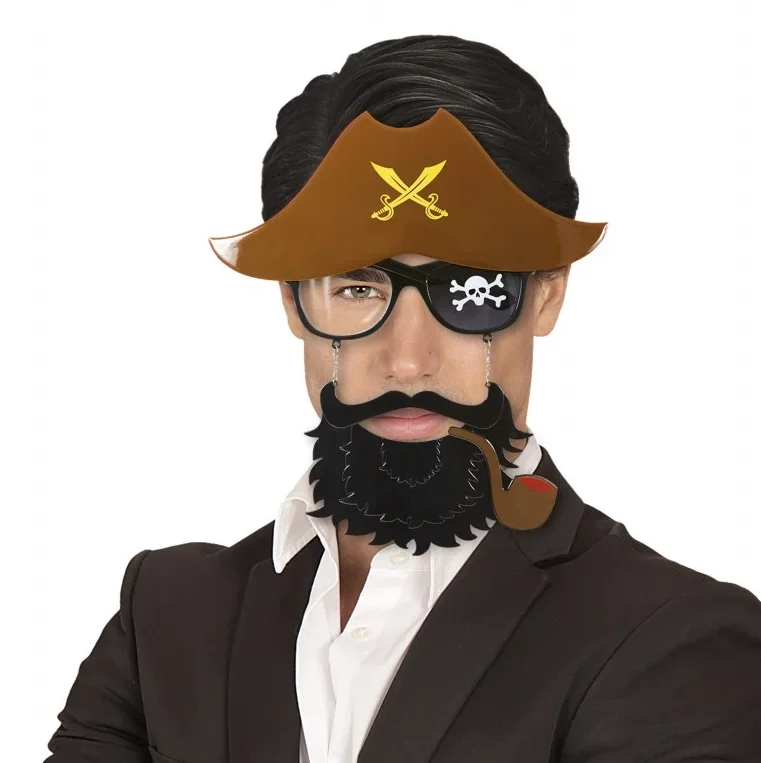 İthalat® Kahve Renk Şapkalı Siyah Sakallı Pipolu Jack Sparrow Denizci Korsan Gözlüğü 24x25 cm