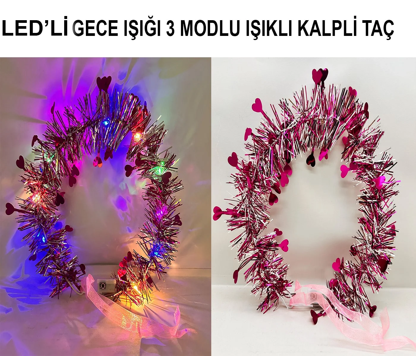 İthalat® Kalp Püsküllü Gece Parıltısı 3 Modlu LED'li Işıklı Taç Fuşya Renk
