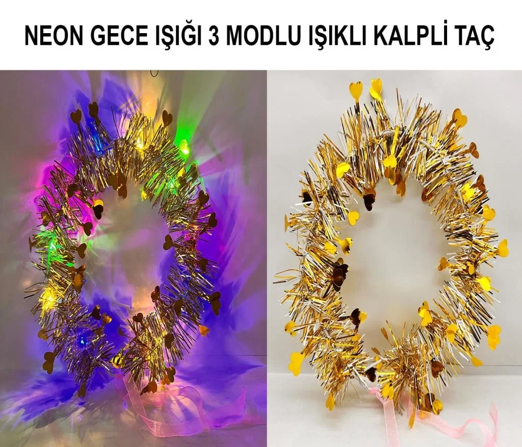 İthalat® Kalp Püsküllü Gece Parıltısı 3 Modlu LED li Işıklı Taç Altın Renk Fiyatı, Yorumları ve Özellikleri
