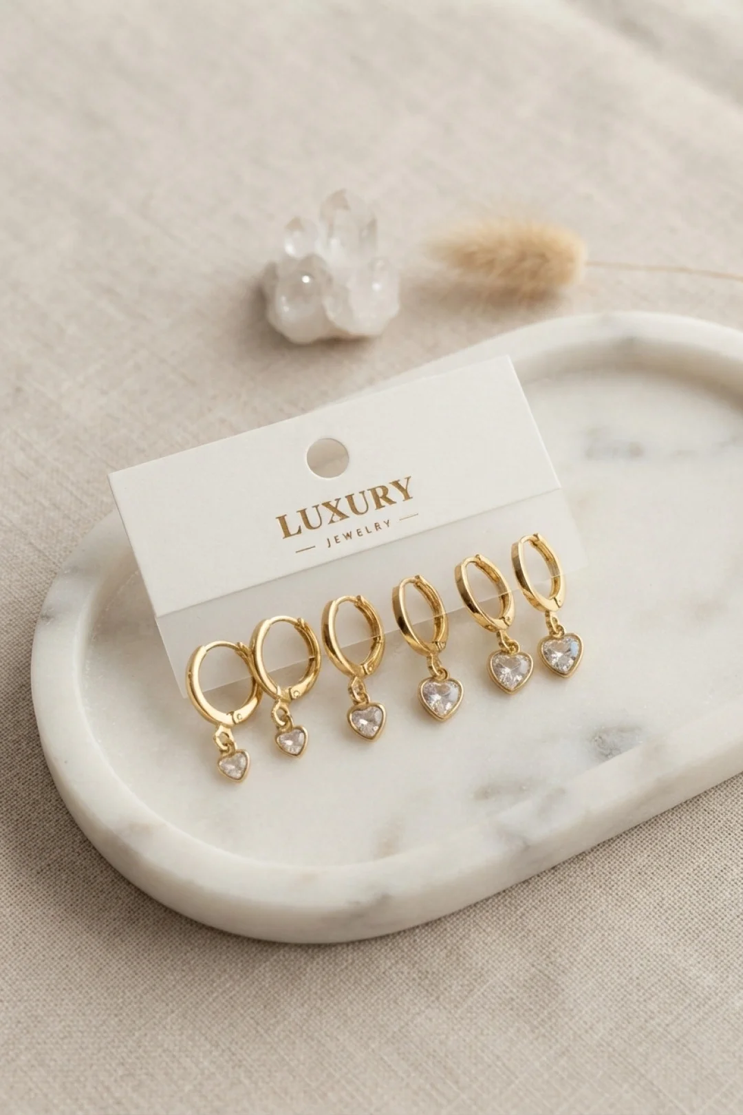 İthalat® Kalp Zirkon Taşlı Gold Renk Pirinç Set Küpe