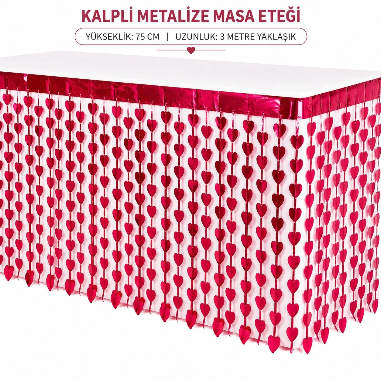 İthalat® Kalpli Metalize Masa Eteği Kırmızı 75x300 cm