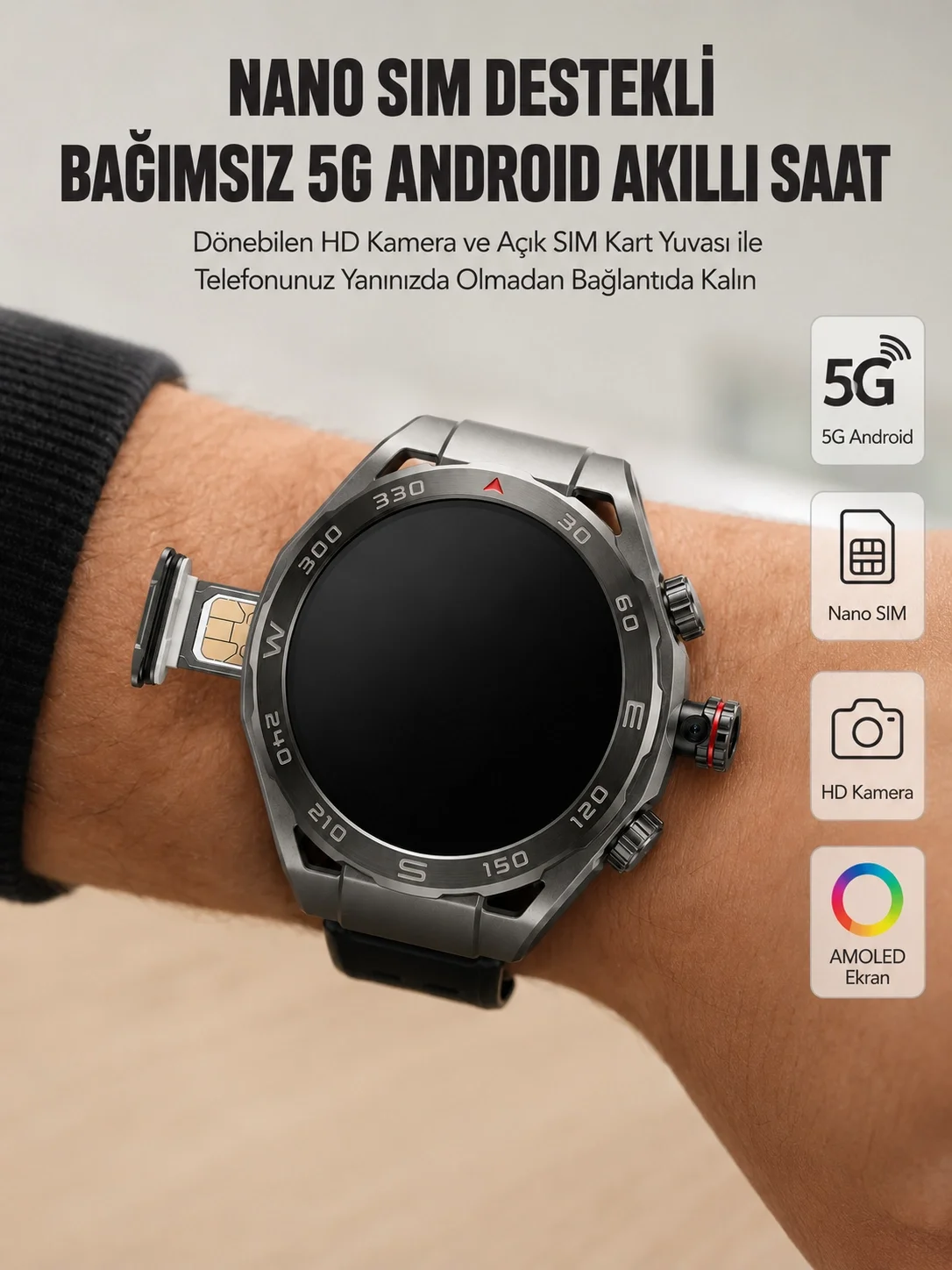 İthalat® Kameralı 5G Android Akıllı Saat AMOLED Ekran Wi-Fi GPS SIM Kart Destekli