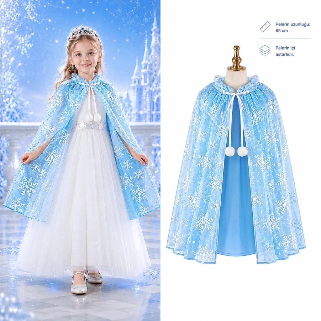 İthalat® Kar Tanesi Desenli Mavi  Pelerini - Astarlı  Pelerini 85 cm
