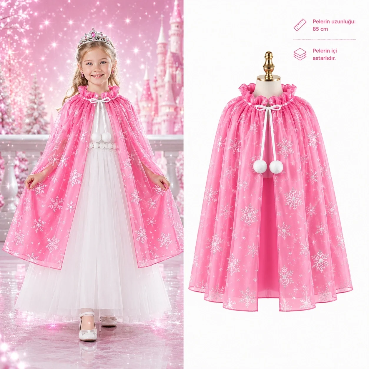 İthalat® Kar Tanesi Desenli Pembe Elsa Pelerini - Astarlı Frozen Pelerini 85 cm İthalat® Kar Tanesi Desenli Pembe Elsa Pelerini - Astarlı Frozen Pelerini 85 cm