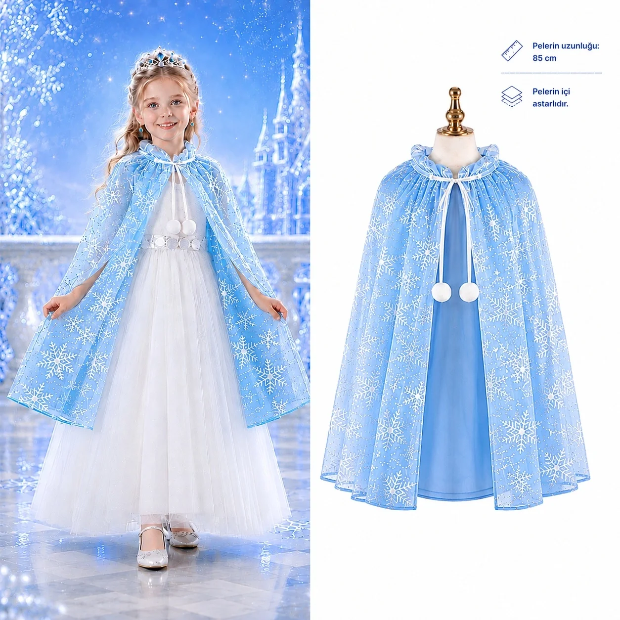 İthalat® Kar Tanesi Desenli Mavi Elsa Pelerini - Astarlı Frozen Pelerini 85 cm İthalat® Kar Tanesi Desenli Mavi Elsa Pelerini - Astarlı Frozen Pelerini 85 cm