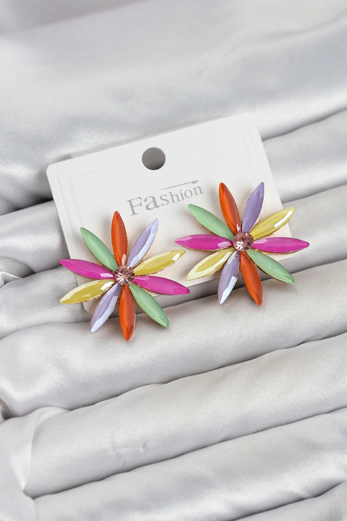 İthalat® Karışık Renk Kristal Taşlı Lotus Model Kadın Küpe