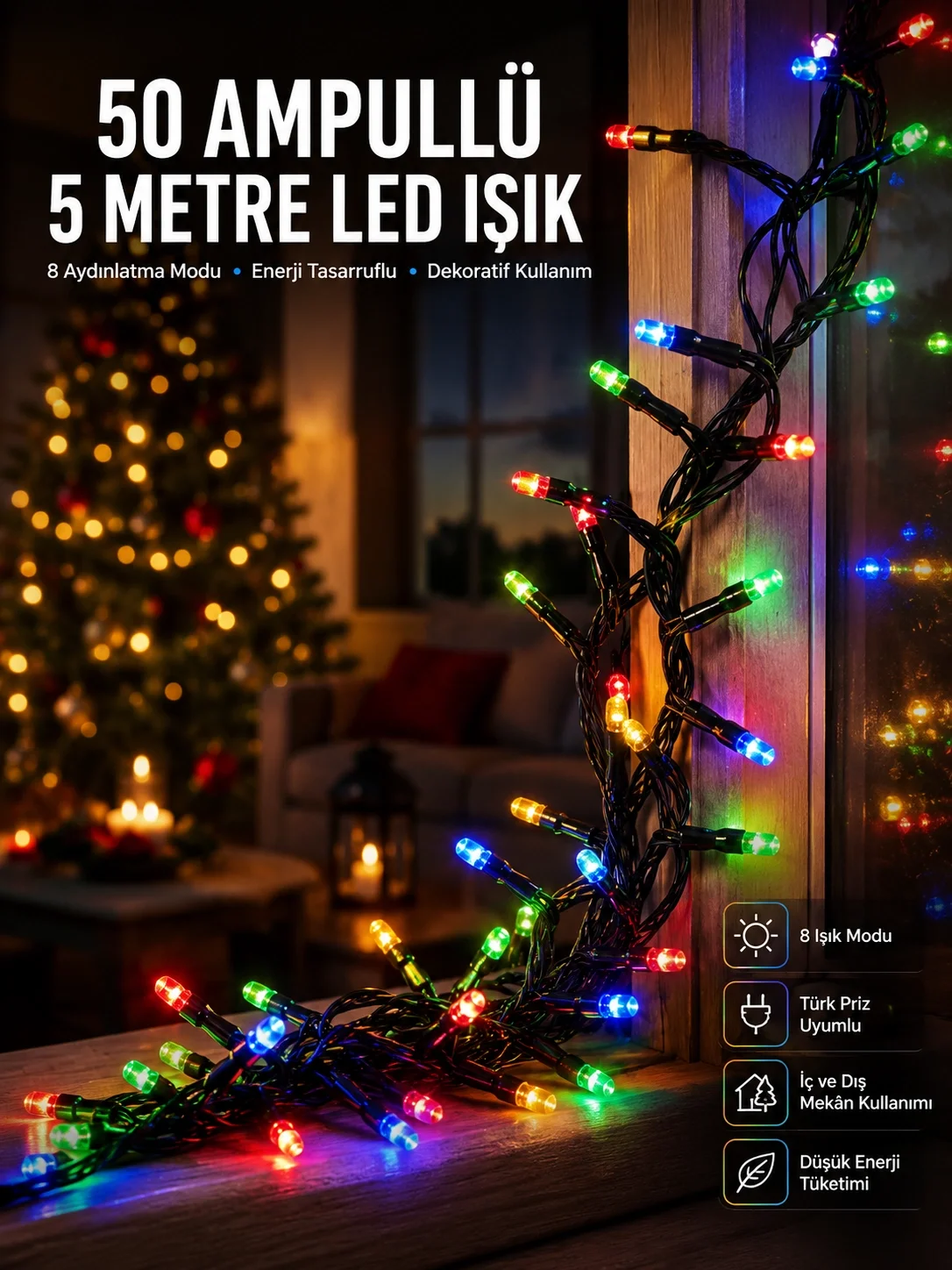İthalat® Karışık Renk Pilli Led Işık Çok Fonksiyonlu Enerji Tasarruflu 5 Metre