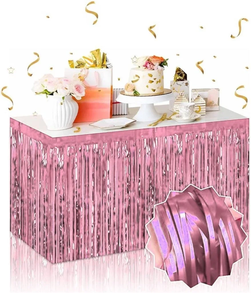 İthalat® Kendinden Yapışkanlı Rose Gold Metalize Püsküllü Masa Eteği – 75 x 275 cm Parti Süslemesi