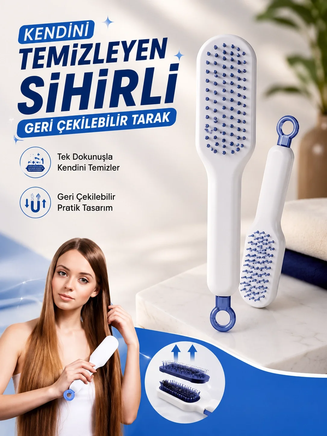 İthalat® Kendini Temizleyen Tarak Fırça Geri Çekilebilir Evcil Hayvana Uygun Sıkı Dişli
