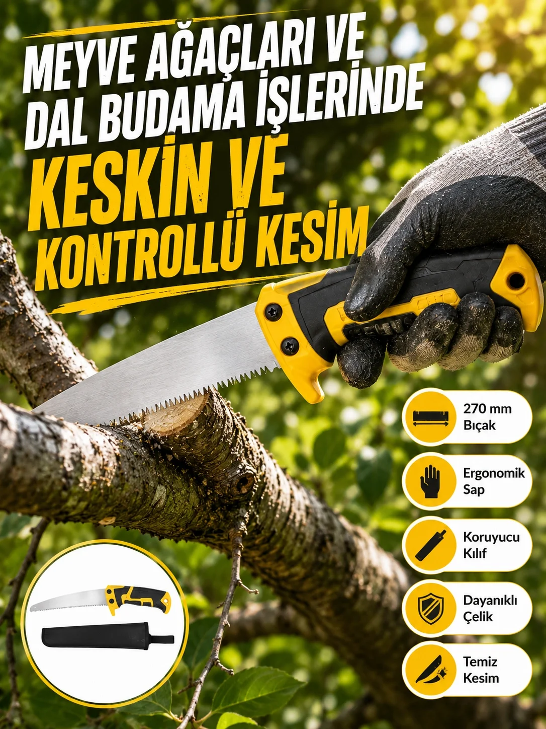 İthalat® Kılıflı Budama Bahçe Testeresi 270 mm Düz Bıçaklı