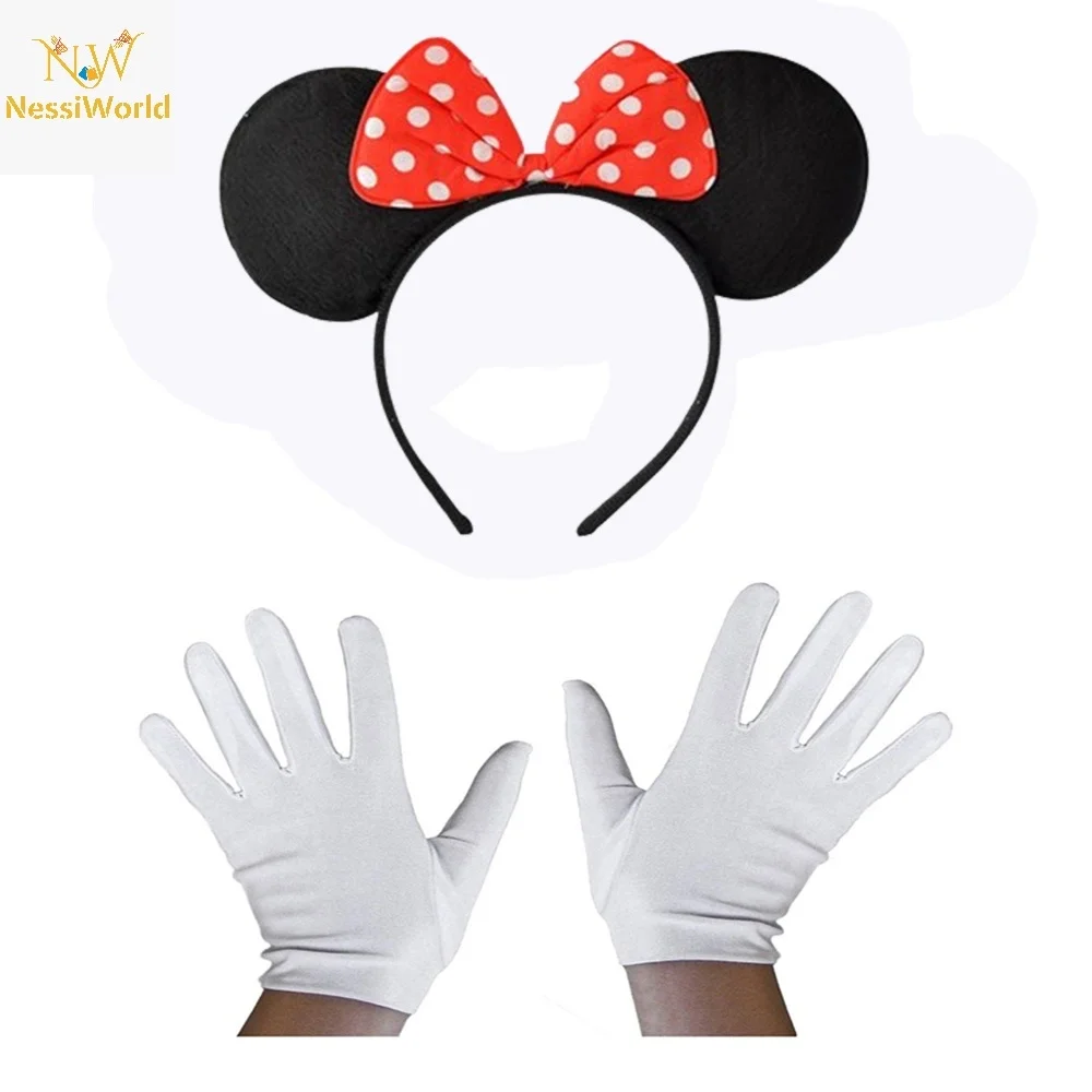 İthalat® Kırmızı Fiyonklu Minnie Mouse Tacı ve Beyaz Eldiven Seti
