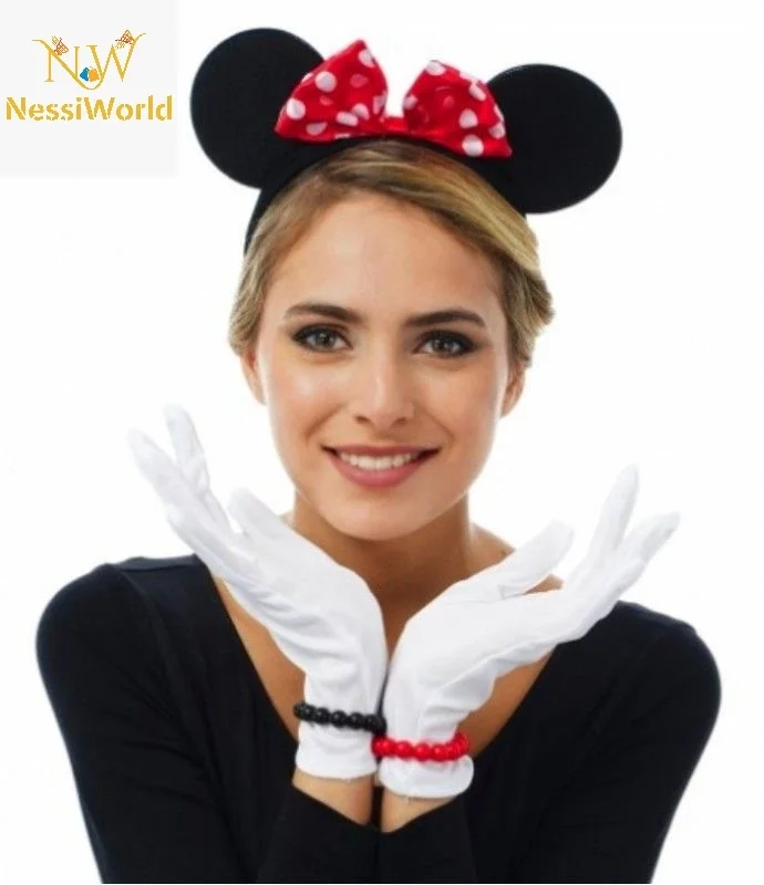 İthalat® Kırmızı Fiyonklu Minnie Mouse Tacı ve Beyaz Eldiven Seti