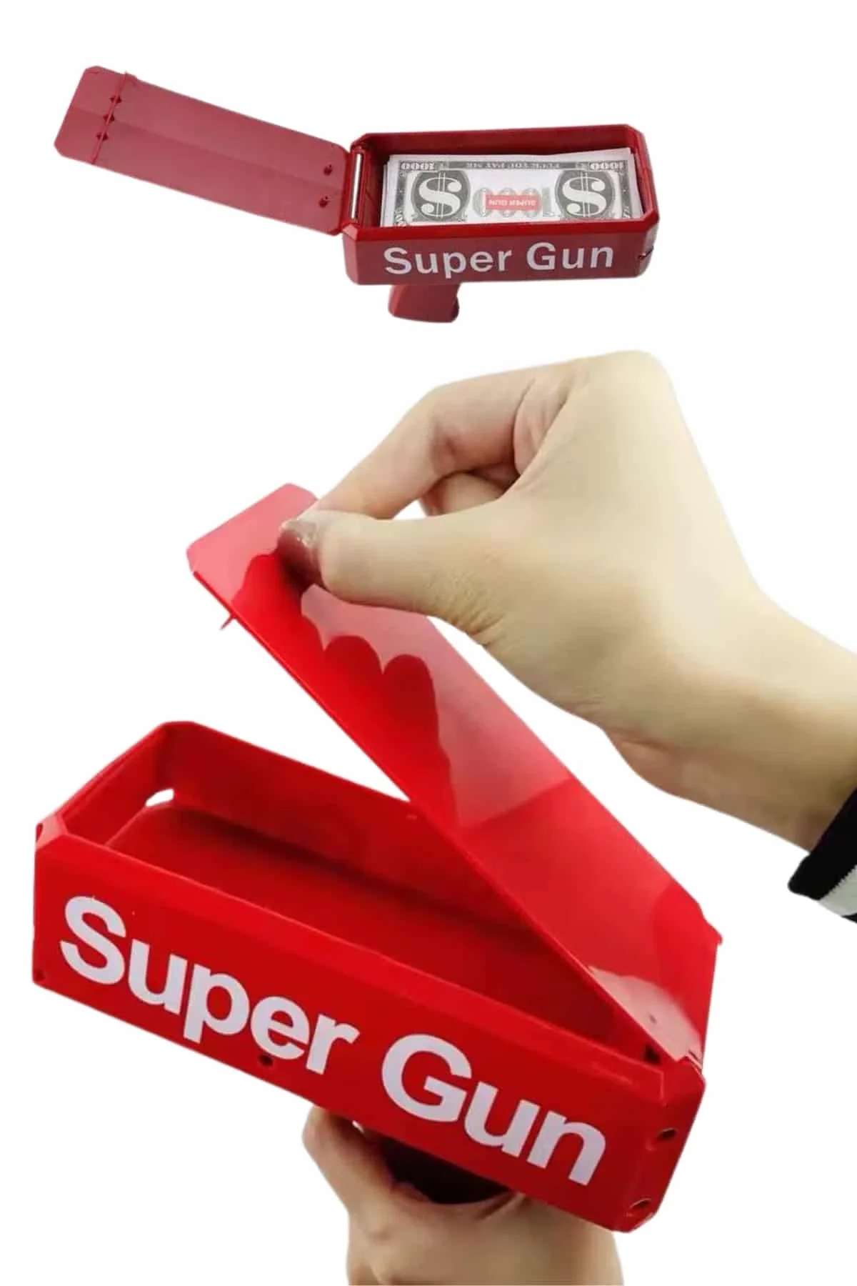İthalat® Kırmızı Parti Oyuncağı Para Saçma Fırlatma Tabancası Makinesi Super Money
