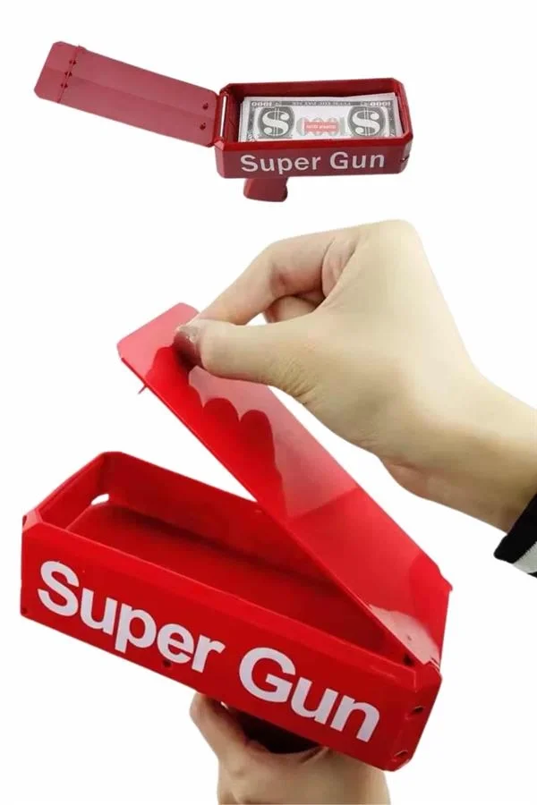 İthalat® Kırmızı Parti Oyuncağı Para Saçma Fırlatma Tabancası Makinesi Super Money