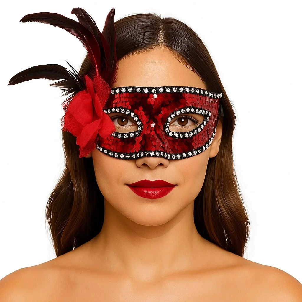 İthalat® Kırmızı Renk Yandan Tüylü Güllü Gümüş Taşlı Pullu Maske 20x22 cm