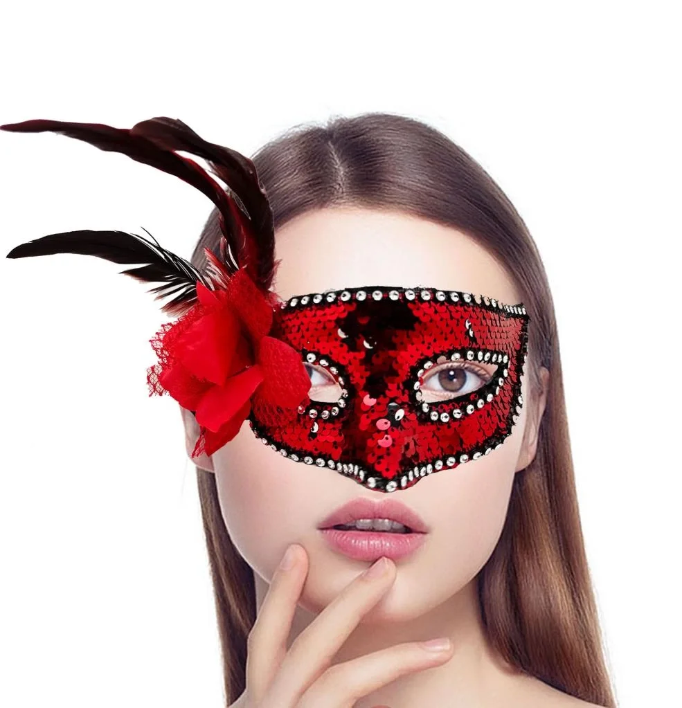 İthalat® Kırmızı Renk Yandan Tüylü Güllü Gümüş Taşlı Pullu Maske 20x22 cm