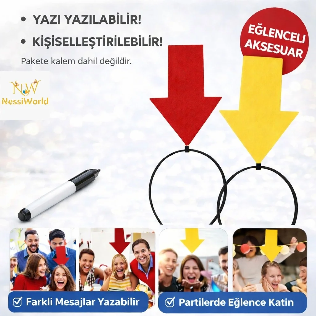 İthalat® Kişiselleştirilebilir Ok İşaretli Mesaj Tacı (2’li Set Sarı-Kırmızı)
