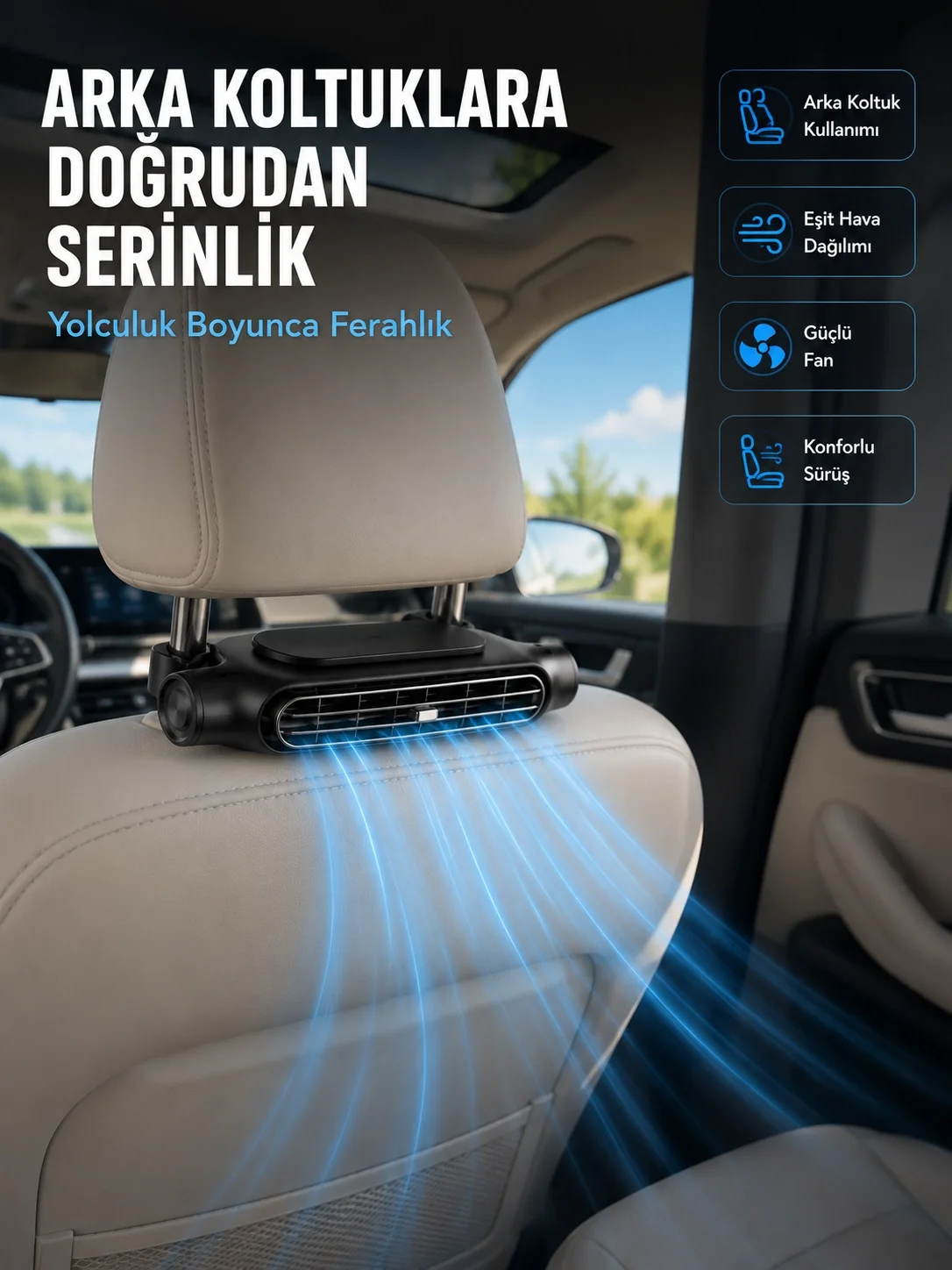 İthalat® Koltuk Başlığına Takılan Araç Soğutucu Fan Ayarlanabilir 3 Hız Kademeli
