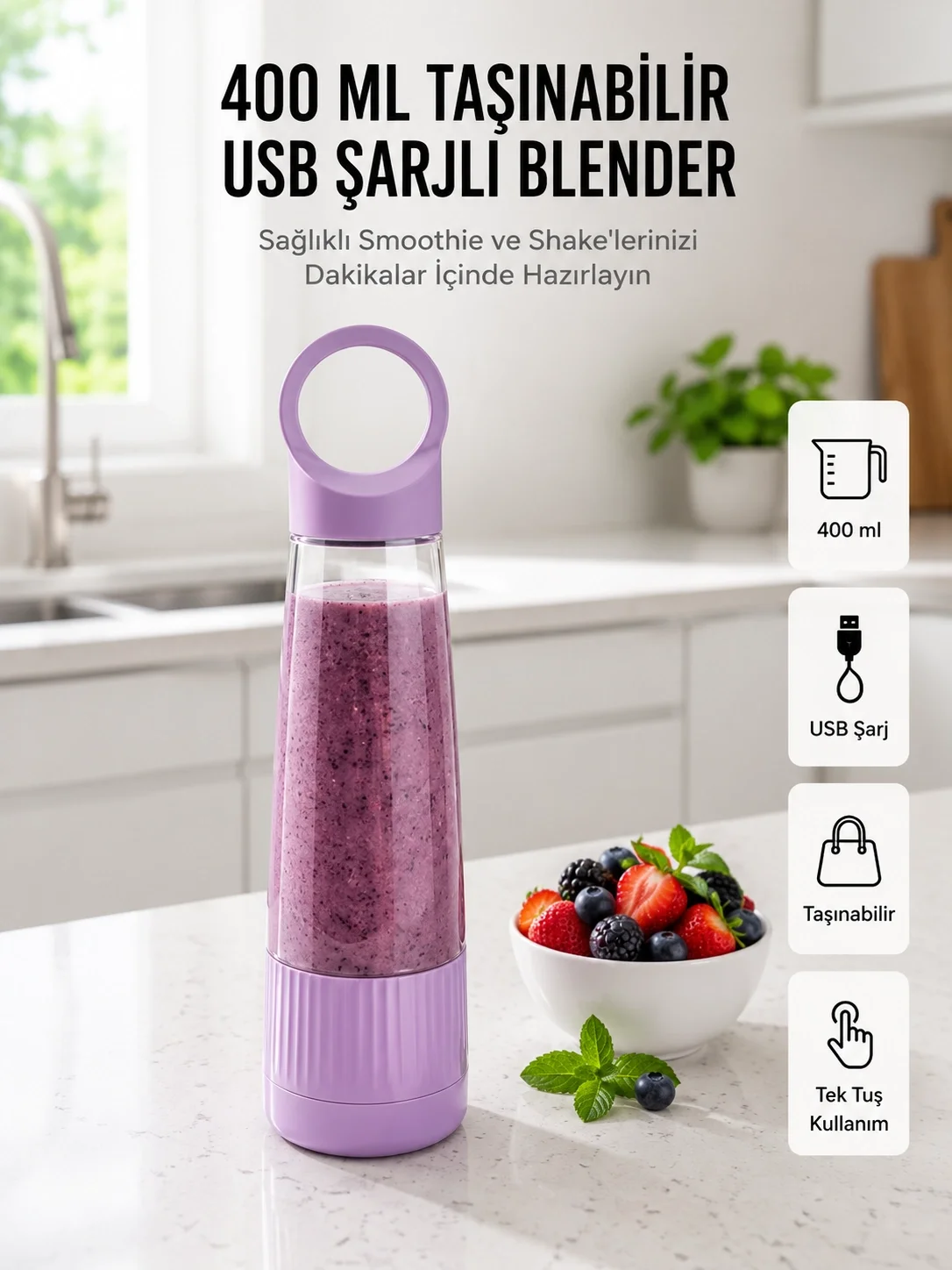 İthalat® Kompakt Tasarımlı USB Şarjlı Smoothie Blender