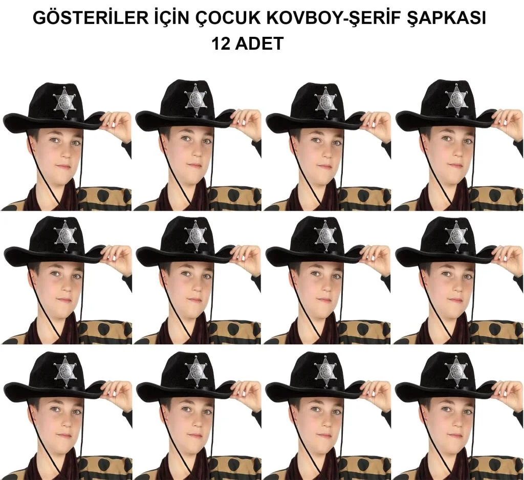 İthalat® Kovboy Şerif Şapkası Siyah 12 Adet - Kostüm, Parti ve Gösteri Şapkası