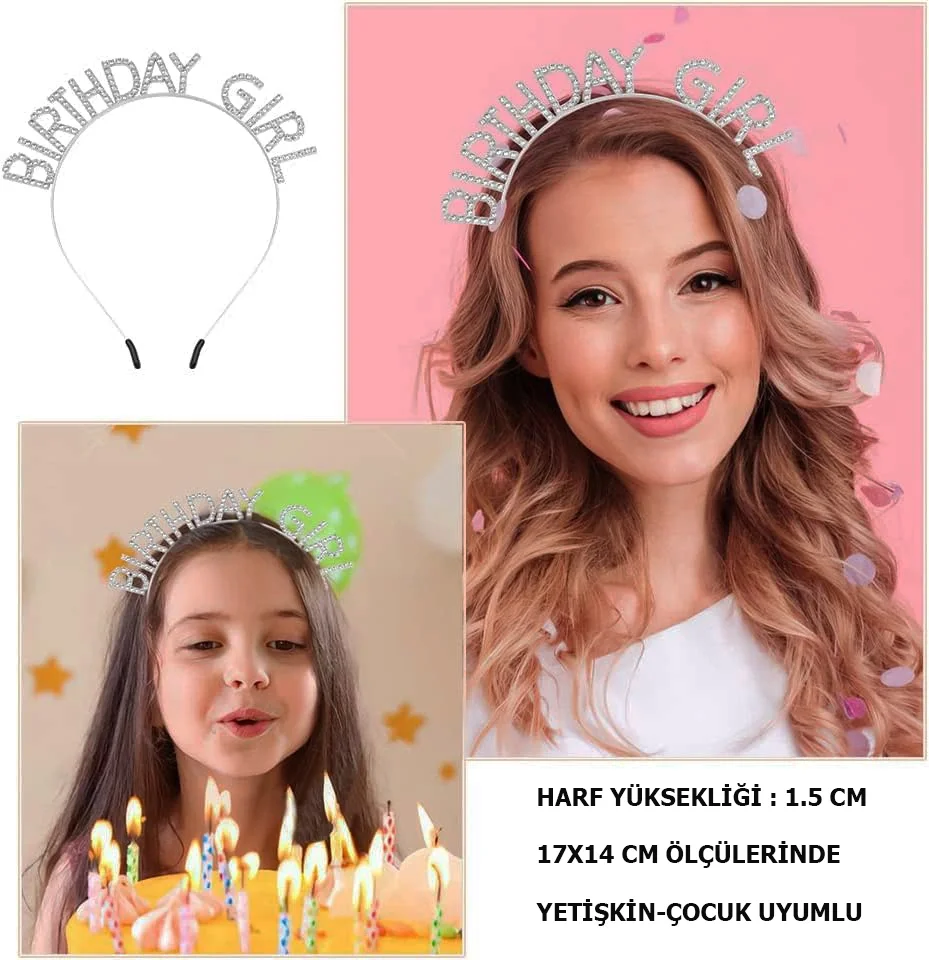 İthalat® Kristal Taşlı Gümüş Birthday Girl Yazılı Doğum Günü Parti Tacı 19x11cm