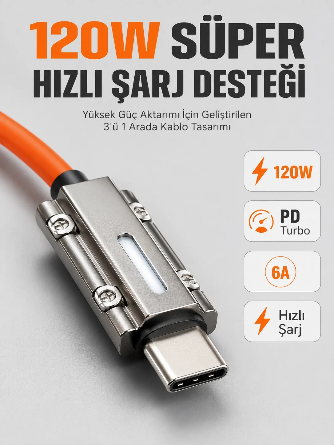 İthalat® LED Göstergeli 120W PD Turbo Destekli Premium 3'ü 1 Arada Şarj Kablosu
