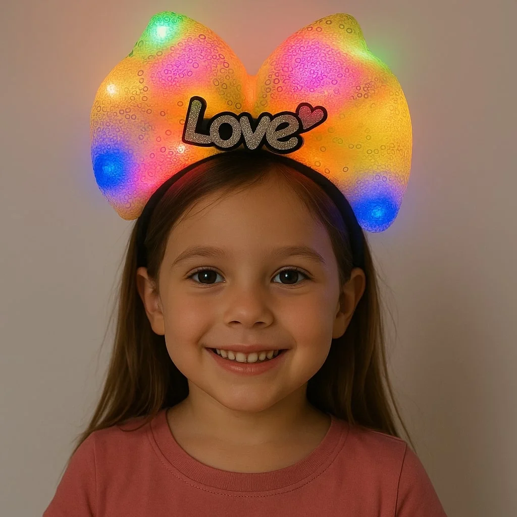 İthalat® LED Işıklı Love Yazılı Sarı Fiyonk Taç – Kız Çocuk Parti Tacı