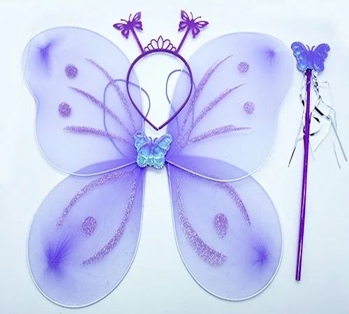 İthalat® Lila Mor Kız Seti – 50 cm Kanadı, Taç ve Asa