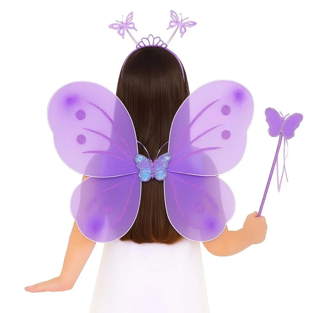 İthalat® Lila Mor Kız Seti – 50 cm Kanadı, Taç ve Asa