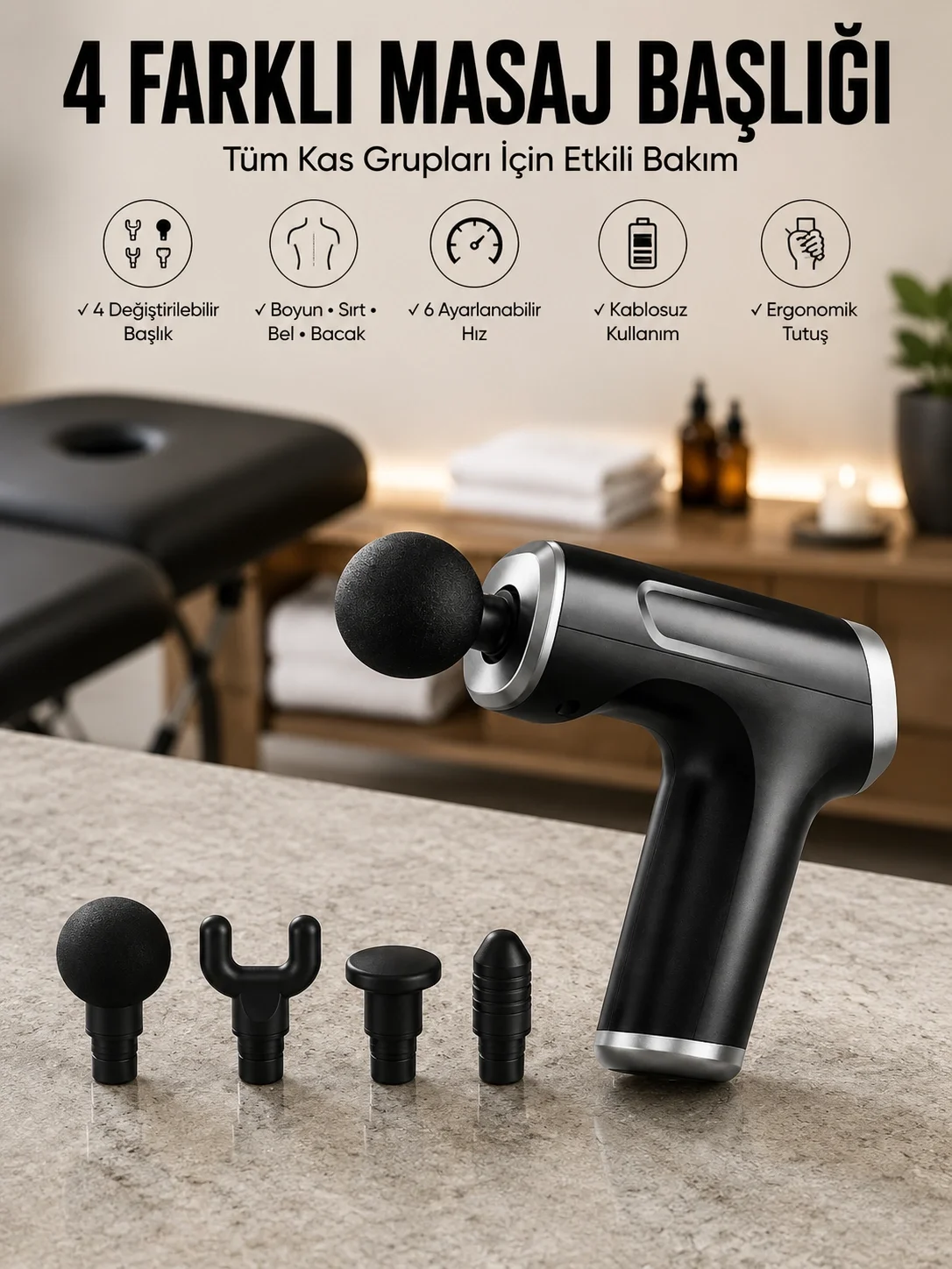 İthalat® Masaj Tabancası 4 Başlıklı Kas ve Vücut Ağrıları İçin Şarjlı Darbeli