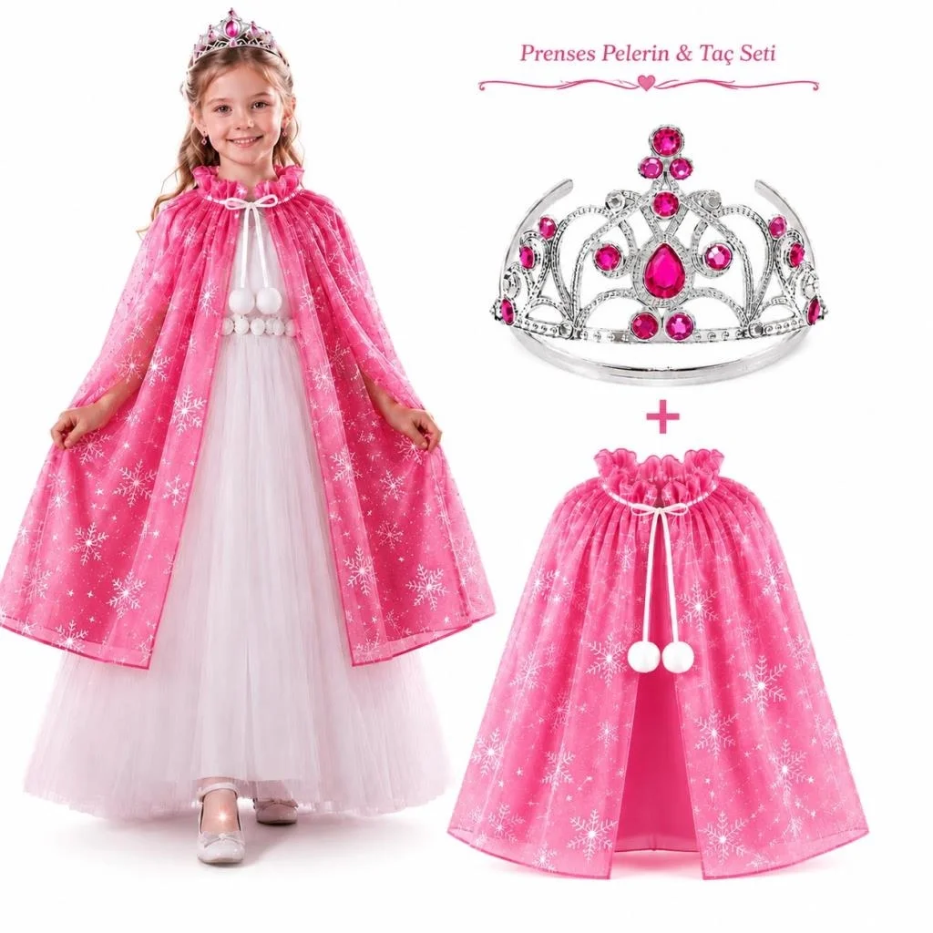 İthalat® Masal Prensesi Pembe Pelerin ve Taç Seti (85 cm)