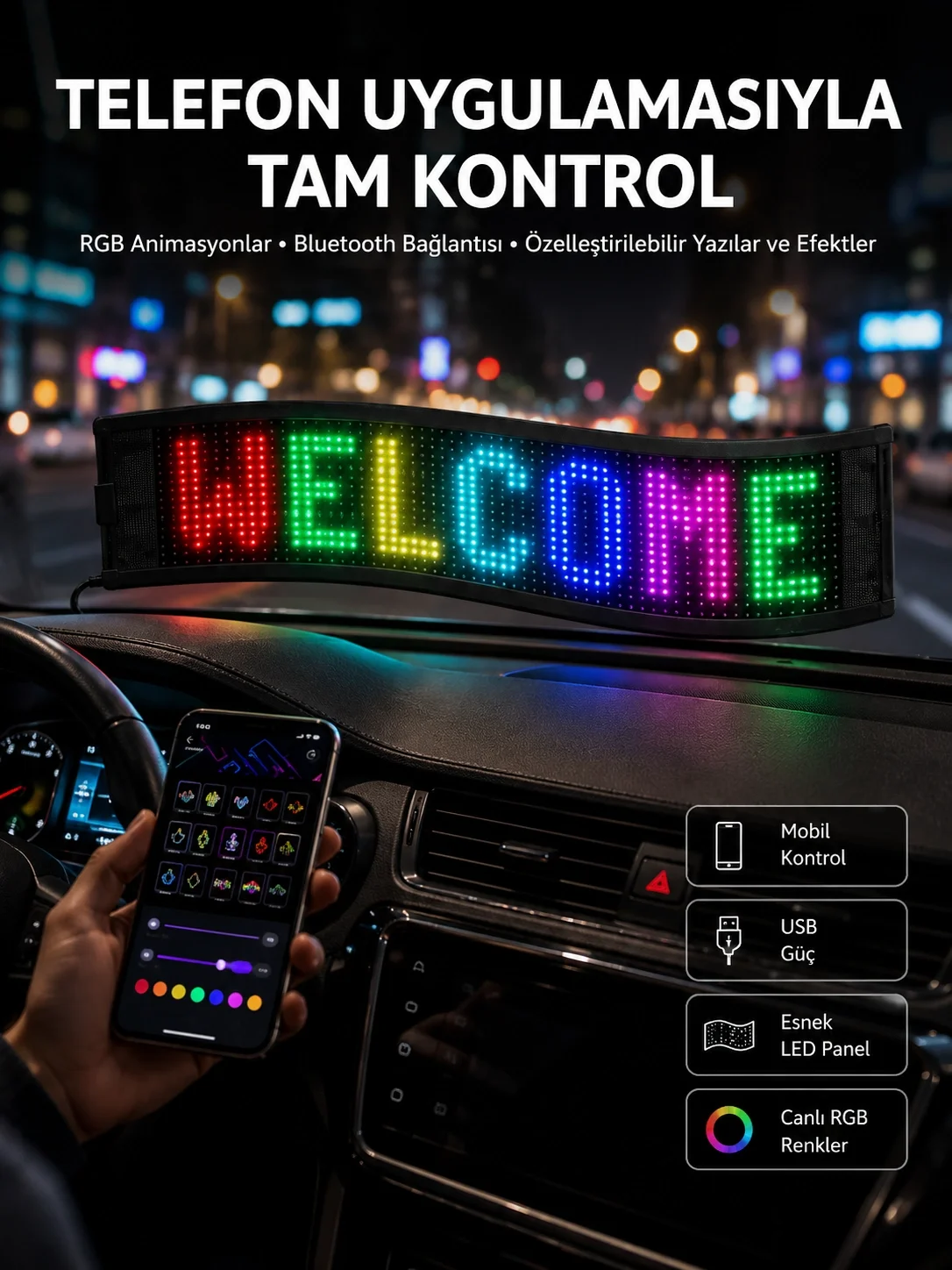 İthalat® Matrix Led Cama Yapışan Telefon Kontrollü Panel Dijital Ekran Kumandalı