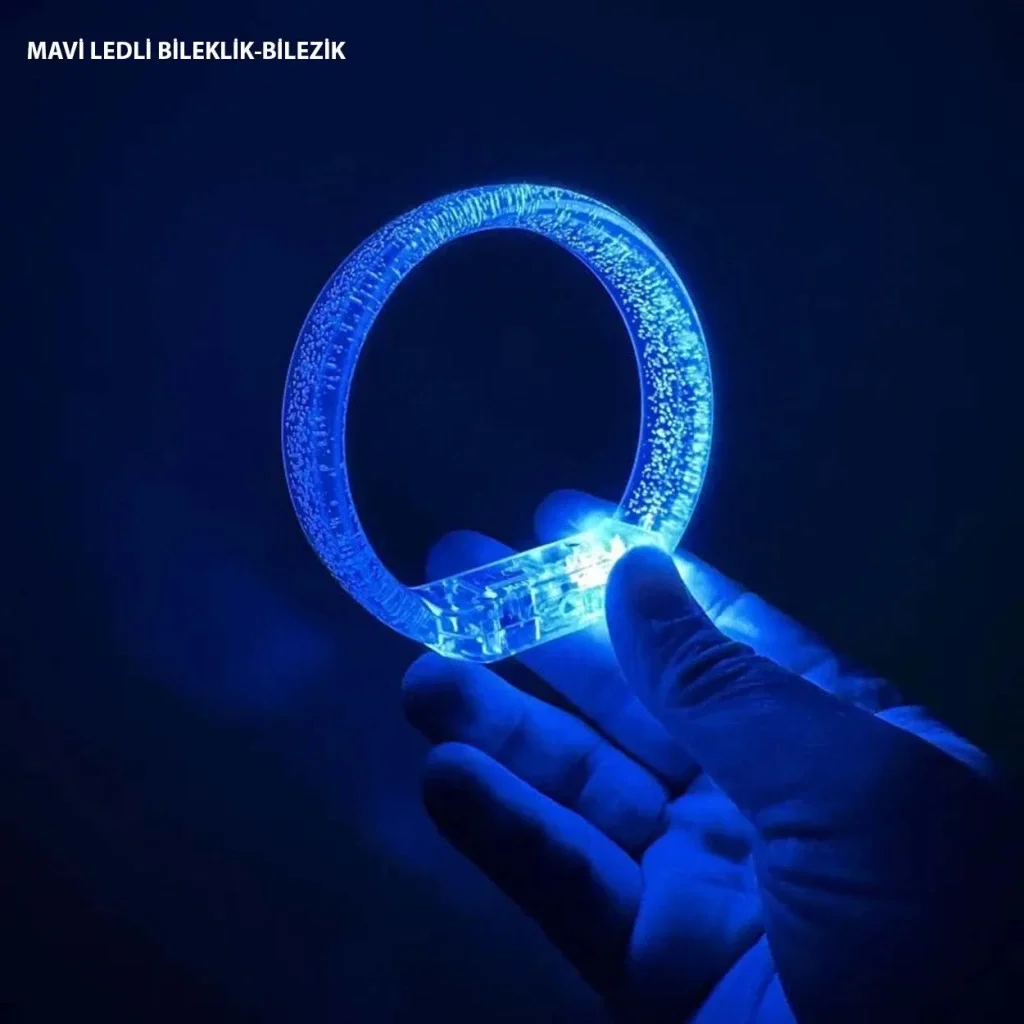 İthalat® Mavi Led Işıklı Baskı Yapılabilen Pilli Bileklik Bilezik 1,5 cm Genişlik