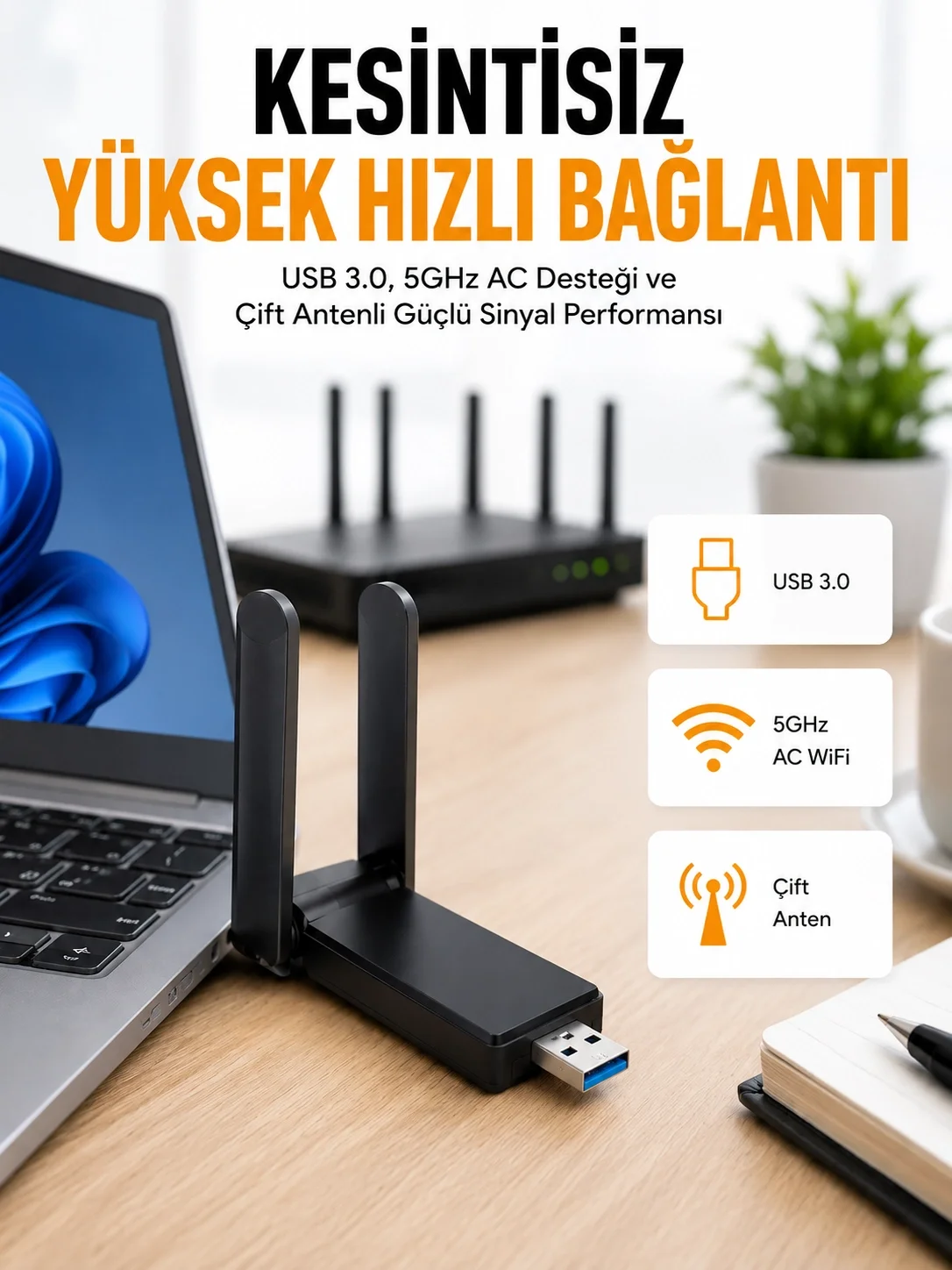 İthalat® Mbps Wifi Alıcı Kablosuz Wifi Adaptörü Çift Band Çift Antenli Yeni Nesil