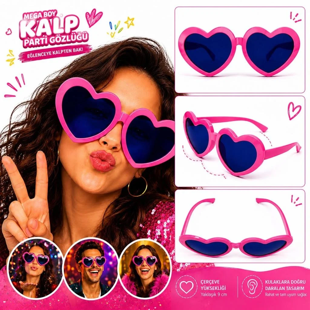 İthalat® Mega Boy Pembe Kalp Parti Gözlüğü