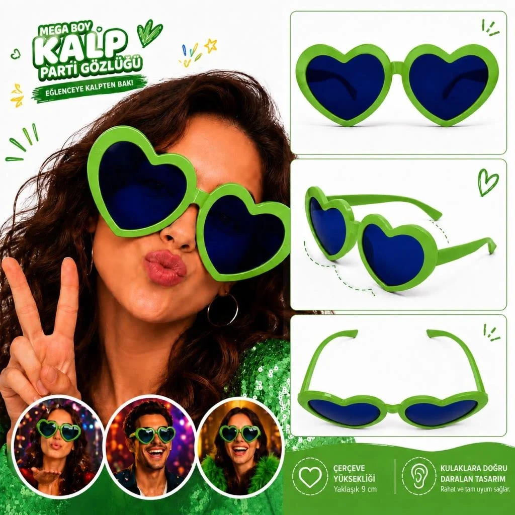 İthalat® Mega Boy Yeşil Kalp Parti Gözlüğü