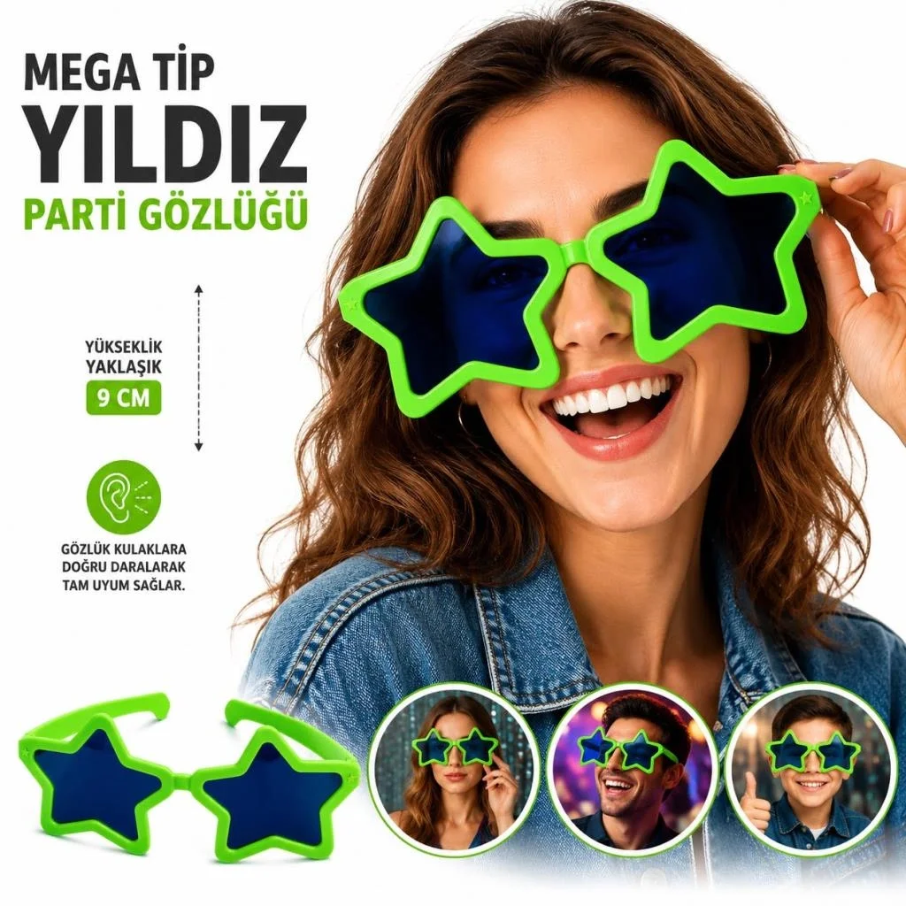 İthalat® Mega Tip Yıldız Parti Gözlüğü Yeşil Renk