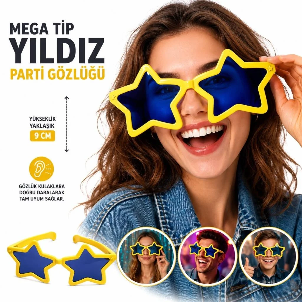 İthalat® Mega Tip Yıldız Parti Gözlüğü Sarı Renk