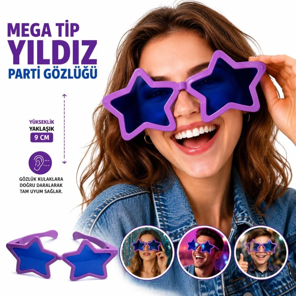 İthalat® Mega Tip Yıldız Parti Gözlüğü Mor Renk