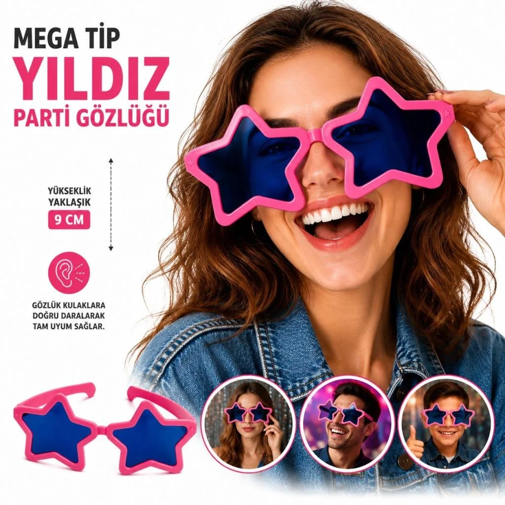 İthalat® Mega Tip Yıldız Parti Gözlüğü Pembe Renk