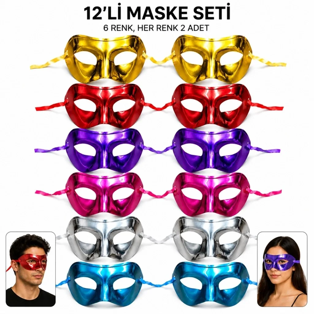 İthalat® Metalik Venedik Toptan Parti Maskesi Seti – 6 Renk Karışık